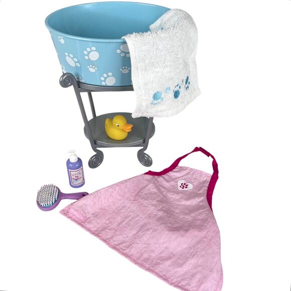 VTG American Girl PET GROOMING SET Rubber Duck Bath Tub Stand Cape Towel Shampoo